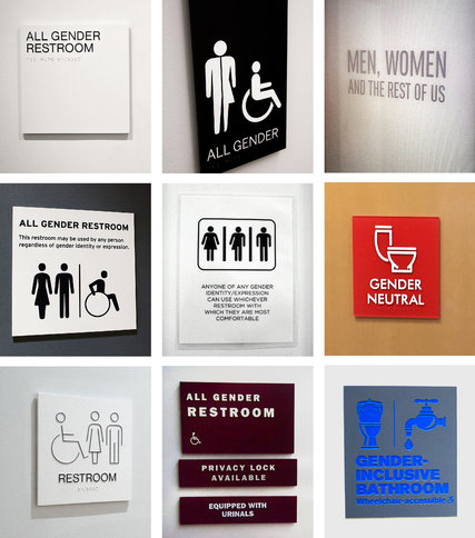 Top, from left, all-gender restrooms at the Whitney; the University of Utah; Founding Farmers restaurant in Washington, D.C. Center, from left, the Folk Art Museum; Civic Hall; the University of Nevada. Bottom, from left, the Whitney; Hampshire College; Barnard College.